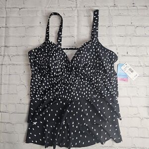 NEW Swim Solutions Print‎ Tankini Top Black Size 18 Tiered Ruffle Bust Support